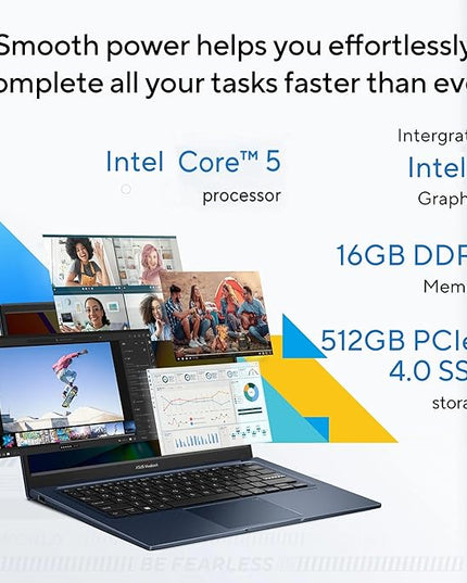 ASUS Vivobook 14, (i5 14th Gen) Intel Core 5 120U, Thin & Light Laptop(16GB RAM/512GB SSD/FHD/14/60Hz/Fingerprint Reader/M365 Basic (1Year)*/Office Home 2024/Quiet Blue/1.4 Kg) X1404VAP-EB1542WS