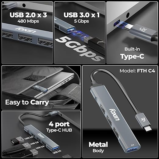 Foxin 4-in-1 USB-C Hub | Type C Hub to USB 3.0 + 3 USB 2.0 Ports, Upto 5 Gbps High Speed Data Transfer | Slim Aluminium Portable C-Type Hub for Laptop, MacBook, Tablets & Mobiles | 15cm Cable - FTH C4
