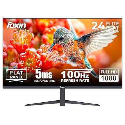 Foxin 24 Inch FHD Flat LED Monitor 1920x1080 Pixel Elite Series | Flat Panel, Built-in Speakers, HDMI & VGA Port, 100Hz Refresh Rate, Frameless, Slim Bezel, Wall Mountable | 3 Years Warranty | Black