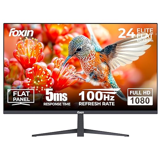 Foxin 24 Inch FHD Flat LED Monitor 1920x1080 Pixel Elite Series | Flat Panel, Built-in Speakers, HDMI & VGA Port, 100Hz Refresh Rate, Frameless, Slim Bezel, Wall Mountable | 3 Years Warranty | Black
