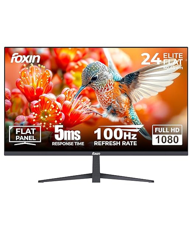 Foxin 24 Inch FHD Flat LED Monitor 1920x1080 Pixel Elite Series | Flat Panel, Built-in Speakers, HDMI & VGA Port, 100Hz Refresh Rate, Frameless, Slim Bezel, Wall Mountable | 3 Years Warranty | Black