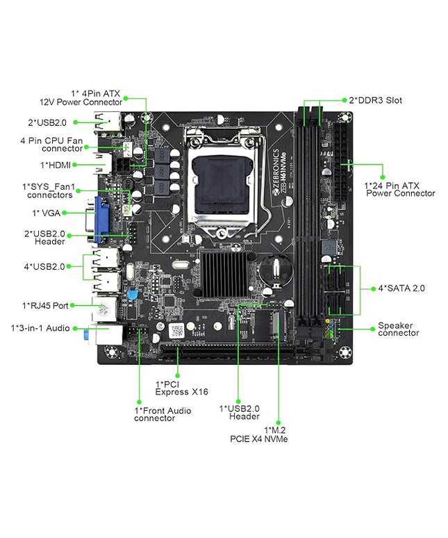 ZEBRONICS H61-NVMe Micro-ATX Motherboard for LGA 1155 Socket, Supports Intel 2nd & 3rd Generation Processors, M.2 Slot, 5.1 Audio, DDR3 1600 MHz, Ports (RJ45 | SATA | USB | HDMI)