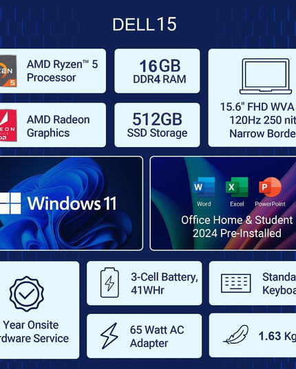 Dell 15, AMD Ryzen 5-7530U, 16GB RAM, 512GB SSD, FHD IPS, 15.6"/39.62cm, Windows 11, MSO 2024, Platinum Silver, 1.67kg, [Dell 15], 120Hz, Standard Keyboard, 15 Month McAfee, Thin & Light, Laptop