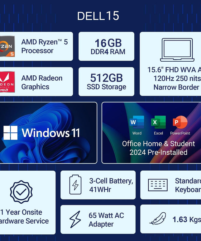 Dell 15, AMD Ryzen 5-7530U, 16GB RAM, 512GB SSD, FHD IPS, 15.6"/39.62cm, Windows 11, MSO 2024, Platinum Silver, 1.67kg, [Dell 15], 120Hz, Standard Keyboard, 15 Month McAfee, Thin & Light, Laptop