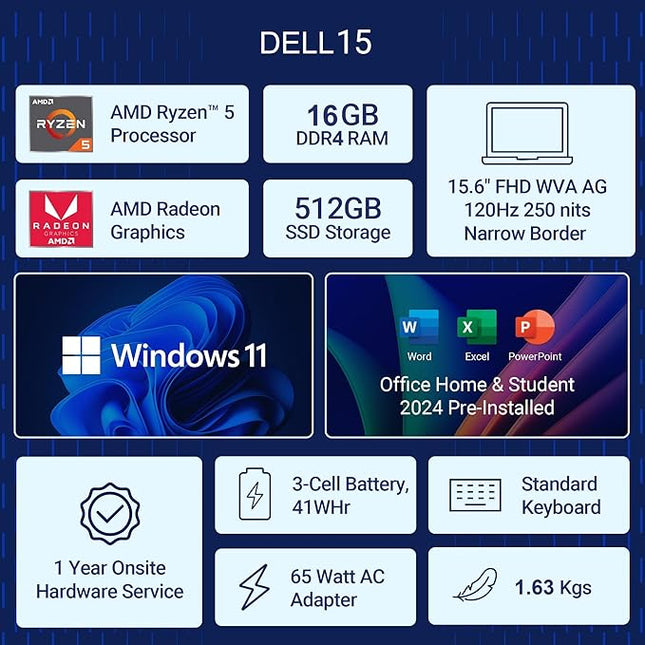 Dell 15, AMD Ryzen 5-7530U, 16GB RAM, 512GB SSD, FHD IPS, 15.6"/39.62cm, Windows 11, MSO 2024, Platinum Silver, 1.67kg, [Dell 15], 120Hz, Standard Keyboard, 15 Month McAfee, Thin & Light, Laptop