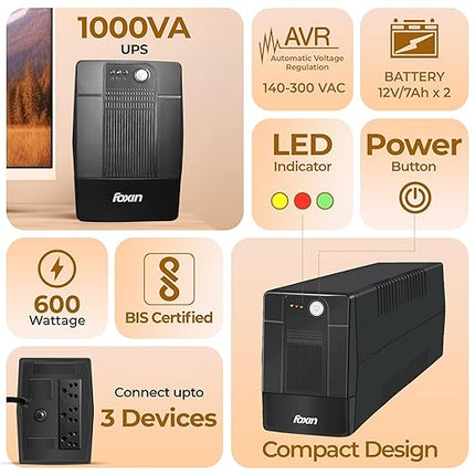 Foxin 1000VA UPS - Uninterrupted Power Supply with Overload Protection, Auto Restart, Generator Compatible, Cold Start & AVR | Ideal for Home PC, Gaming Computer, Laptop | BIS Certified