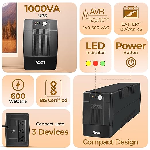 Foxin 1000VA UPS - Uninterrupted Power Supply with Overload Protection, Auto Restart, Generator Compatible, Cold Start & AVR | Ideal for Home PC, Gaming Computer, Laptop | BIS Certified