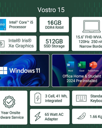 Dell 15, Intel Core 13th Gen i5-1334U, FHD, 15.6"/39.62cm, Windows 11, MSO'24, Grey, 1.66kg, Vostro 3530, (16GB DDR4, 512GB SSD) Anti-Glare FHD 15.6"/39.62cm, 12 Month McAfee, Thin & Light Laptop