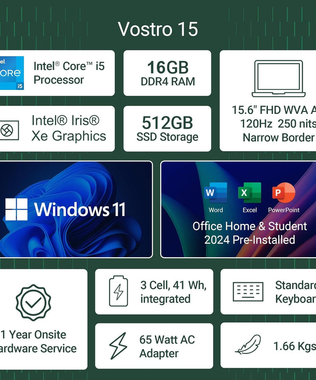 Dell 15, Intel Core 13th Gen i5-1334U, FHD, 15.6"/39.62cm, Windows 11, MSO'24, Grey, 1.66kg, Vostro 3530, (16GB DDR4, 512GB SSD) Anti-Glare FHD 15.6"/39.62cm, 12 Month McAfee, Thin & Light Laptop
