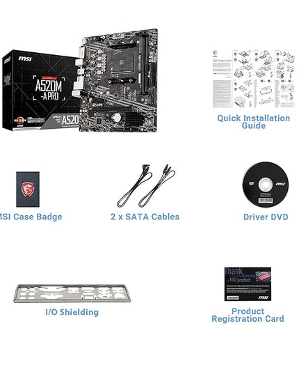MSI A520M-A PRO Motherboard (AMD Ryzen 3000 3rd Gen AM4, DDR4, M.2, USB 3.2 Gen 1, HDMI, Micro ATX)