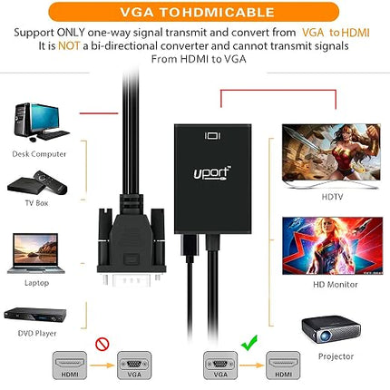 25 cm VGA to HDMI 4K Converter Cable with Audio 1080p, Active Male VGA-HDMI Male Out Lead Video Converter Cord for Computer, Laptop, Projector (VGA to HDMI Cable with Audio, Black)
