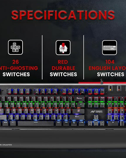 Ant Esports MK3500 Mechanical Gaming Keyboard, Red Linear Switches, RGB Rainbow Backlit, 26 Anti Ghosting keys, Removable Wrist Rest,Square Keycaps, Full Size Wired Keyboard for Windows/Mac/PC – Black