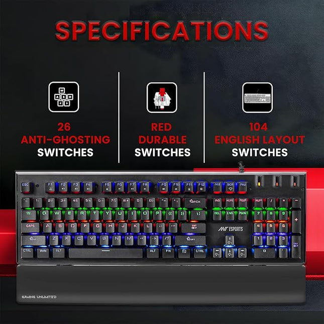 Ant Esports MK3500 Mechanical Gaming Keyboard, Red Linear Switches, RGB Rainbow Backlit, 26 Anti Ghosting keys, Removable Wrist Rest,Square Keycaps, Full Size Wired Keyboard for Windows/Mac/PC – Black