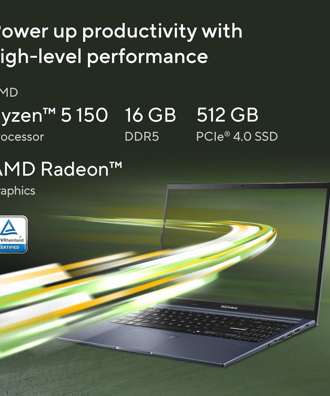 ASUS Vivobook 15 (2026),AMD Ryzen 5 150,Fingerprint Sensor,16GB RAM, 512GB SSD,FHD, 15.6", (39.6 cm),Windows 11,M365 Basic(1 Year)* Office 2024,Quiet Blue,1.70 kg,M1502NAQ-BQ118WS,Thin & Light Laptop