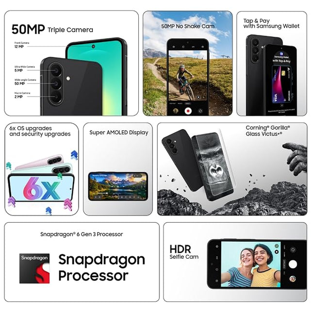 amsung Galaxy A27 5G (Black, 6GB RAM, 128GB Storage) | 50MP No Shake Triple Camera | Snapdragon 4nm Processor | LPDDR5x | UFS 3.1 Storage | 6 Gen OS Upgrades | Super AMOLED Display