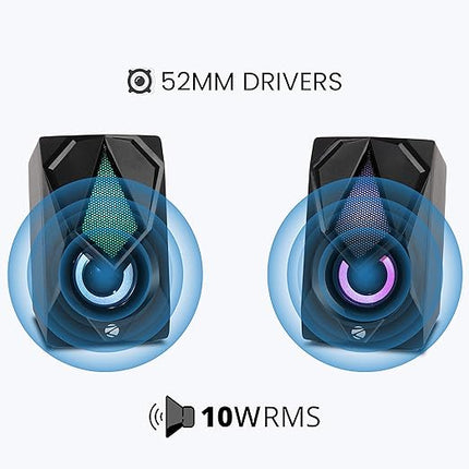 ZEBRONICS Zeb-Warrior II 10 watts 2.0 Multimedia Speaker with RGB Lights, USB Powered, AUX Input, Volume Control Pod for PC, Laptops, Desktop
