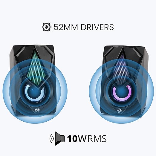 ZEBRONICS Zeb-Warrior II 10 watts 2.0 Multimedia Speaker with RGB Lights, USB Powered, AUX Input, Volume Control Pod for PC, Laptops, Desktop