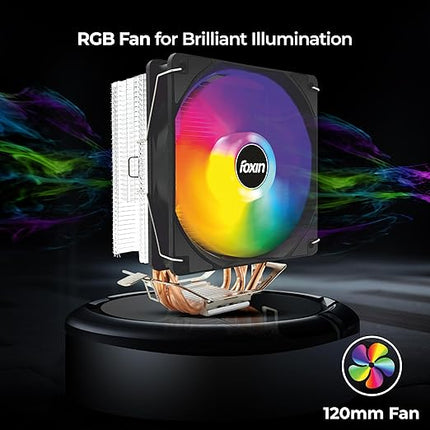 Foxin FCF 004 CPU Cooling Fan with Rainbow LED | CPU Cooler 120mm RGB Fan | Hydramatic Bearing | 1800 RPM | 4 Copper Heat Pipes | 4-Pin | Compatible with Intel LGA1700/115X/1200 & AMD AM2/AM3/AM4/AM5