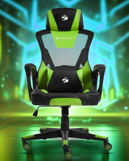 ZEBRONICS GC1400 Gaming Chair with 360° Swivels & Casters, 90°-125° Backrest Angle, Heavy Duty Base & Frame, Class 3 Gas Lift, Spacious Seat, Neck/Head Cushion (Green)