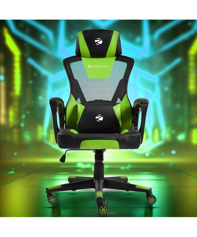 ZEBRONICS GC1400 Gaming Chair with 360° Swivels & Casters, 90°-125° Backrest Angle, Heavy Duty Base & Frame, Class 3 Gas Lift, Spacious Seat, Neck/Head Cushion (Green)
