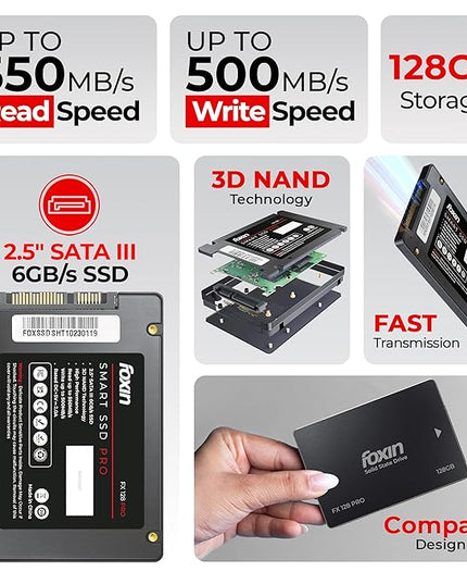 Foxin 128 GB PRO SSD | Hard Disk with 3D NAND Technology & 2.5 Inch SATA III 6GB/S | Read Speed 550mbps, Write Speed 500 mbps | 5 Years Warranty