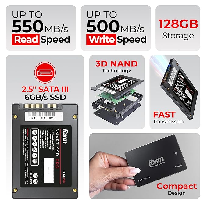 Foxin 128 GB PRO SSD | Hard Disk with 3D NAND Technology & 2.5 Inch SATA III 6GB/S | Read Speed 550mbps, Write Speed 500 mbps | 5 Years Warranty