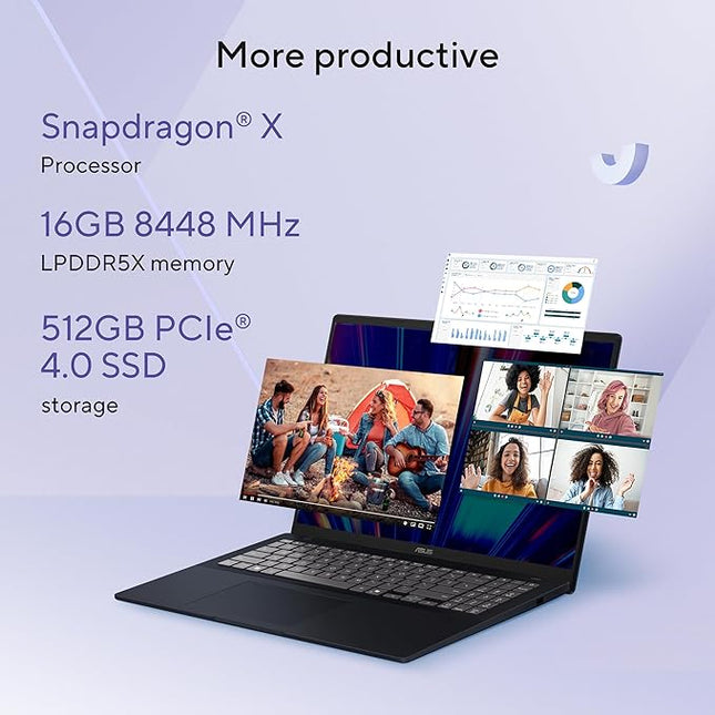 ASUS Vivobook 16, Snapdragon X, 16GB RAM, 512GB SSD, FHD+ 16", Windows 11, Office Home 2024, Quiet Blue, 1.88kg, X1607QA-MB049WS, Qualcomm Adreno iGPU, 45TOPS, M365 Basic (1Year)* Laptop