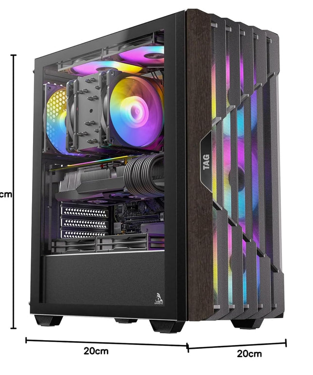 TAG Gamerz Stellar Elite Mid Tower Computer Case/Gaming PC Cabinet, Mesh Front with Oak Wood Accents, 4X 120mm Pre-Installed ARGB Fans, Supports ATX, M-ATX, ITX, 360mm Radiator, Thick Tempered Glass