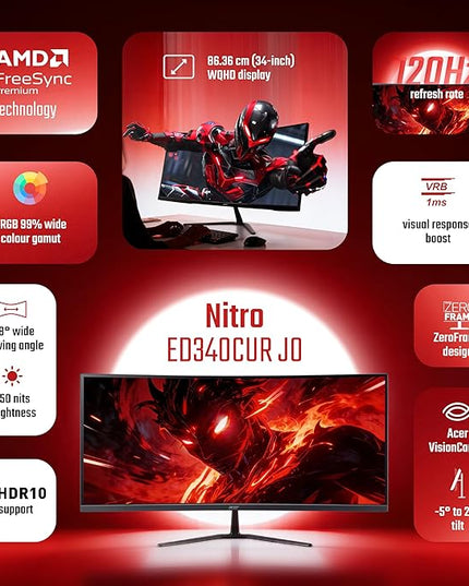 Acer Nitro ED340CUR J0 34 Inch UWQHD Curved Gaming Monitor | 3440x1440 VA Panel | 120Hz (DP) | 1ms VRB | AMD FreeSync Premium | HDR10 | 1500R | 2x HDMI 2.1 + DP 1.4 | Easy Tilt | Speakers | VisionCare