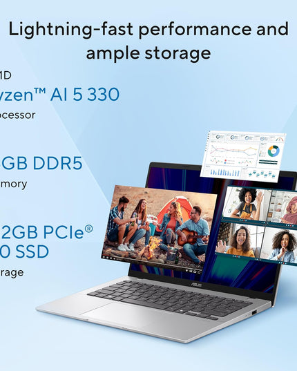 ASUS Vivobook 14,Smartchoice,AMD Ryzen AI 5 330,16GB RAM,512GB SSD, FHD+ 14", Win11,Office24,M365 Basic (1Yr)*, Cool Silver,1.46Kg,M1407KA-LY131WS, AMD Radeon iGPU, 50 Tops,Next-Gen AI Laptop,Copilot+