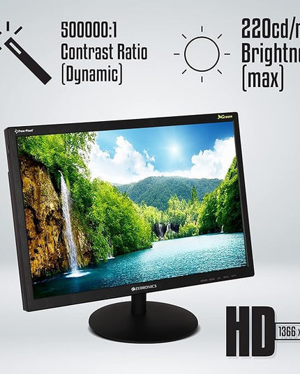 ZEBRONICS Zeb-V19Hd 18.5 Inch (46.99 Cm) Led Monitor with Supporting Hdmi, Vga Input, Hd 1366 X 768 Pixels, 16.7M Colors, Glossy Panel, Slim Design & Wall Mountable, Black