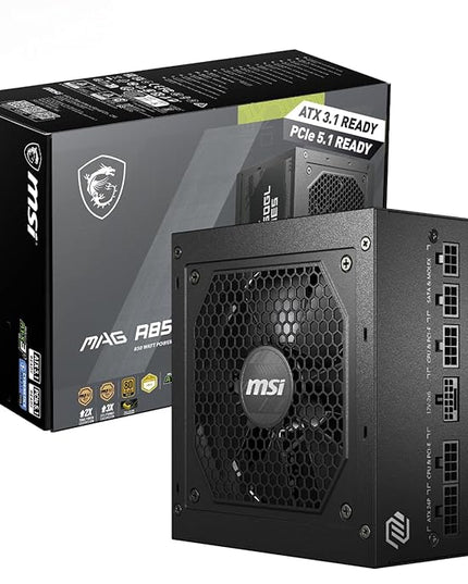 MSI MAG A850GL PCIE5 Power Supply Unit, 850W, 80 Plus Gold, Fully Modular, ATX 3.1, PCIe 5.1 GPU Support, 120mm FDB Fan, Full-Bridge LLC, Flat Black Cables - 7 Year Warranty