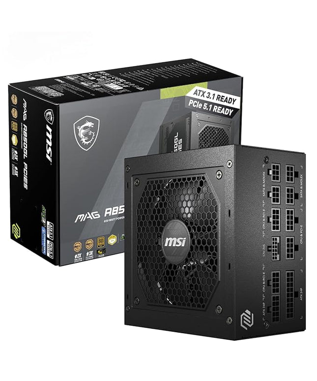 MSI MAG A850GL PCIE5 Power Supply Unit, 850W, 80 Plus Gold, Fully Modular, ATX 3.1, PCIe 5.1 GPU Support, 120mm FDB Fan, Full-Bridge LLC, Flat Black Cables - 7 Year Warranty