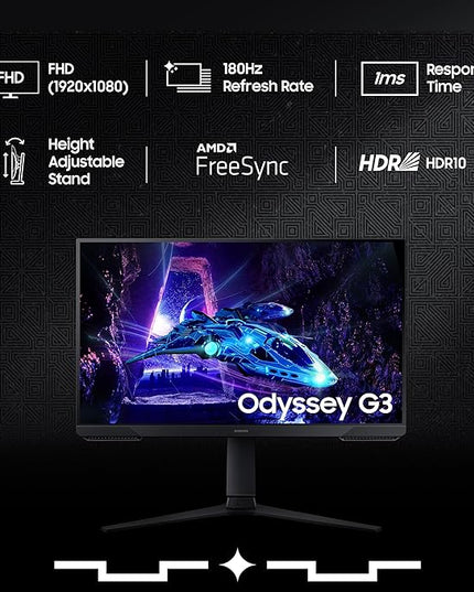 Samsung 24" (60cm) Odyssey G3 Gaming Monitor|FHD 1920 X 1080|180Hz|1ms(MPRT)|AMD Freesync|Ports-DP,HDMI|DP Cable|16.7 Million Colors|Height-Tilt-Pivot Adjustable Stand|Bezeless|LS24DG300EWXXL|Black