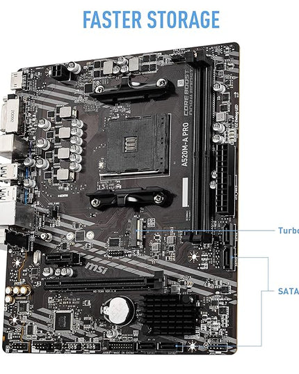 MSI A520M-A PRO Motherboard (AMD Ryzen 3000 3rd Gen AM4, DDR4, M.2, USB 3.2 Gen 1, HDMI, Micro ATX)