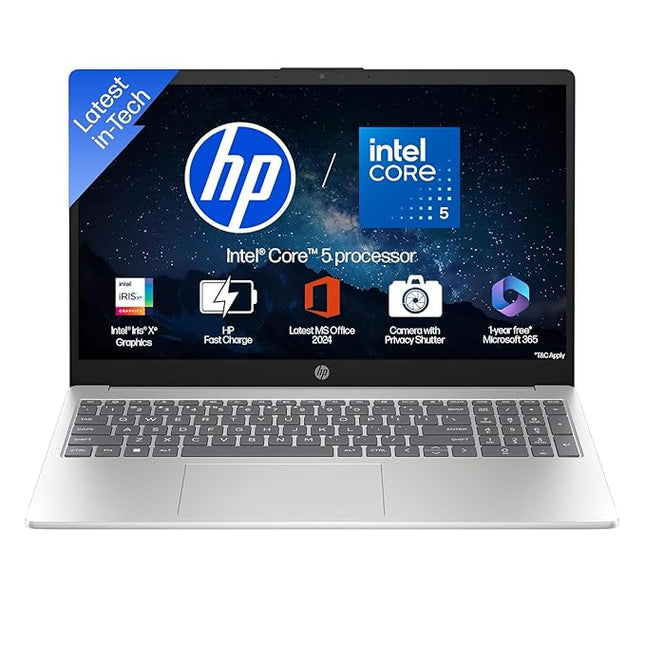 HP 15, Intel Core 5 120U (8GB DDR4, 512GB SSD) FHD, Anti-Glare, Micro-Edge, 15.6''/39.6cm, Win11, M365 Basic(1yr), Offic24, Silver,1.65kg, fd1444TU, FHD Camera w/Privacy Shutter, Backlit Laptop