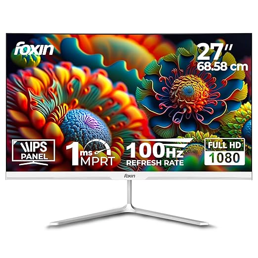 Foxin 27 Inch FHD LED Monitor 1920x1080p Elite Series | IPS Panel, HDMI & VGA Port, 100Hz, 250 cd/m2, sRGB, True Pixel, Anti-Glare Flicker-Free, Frameless, Metal Stand, 16.7 M Colors, 3 Yrs Warranty
