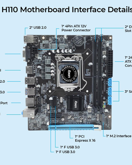 FOXIN H110 Motherboard Prime | LGA 1151 Socket | H110 Chipset | Dual Channel DDR4 RAM (Up to 32GB) | NVMe Port | USB 3.0, HDMI, VGA | Supports Intel 6th, 7th, 8th Gen CPUs | for Desktop PC