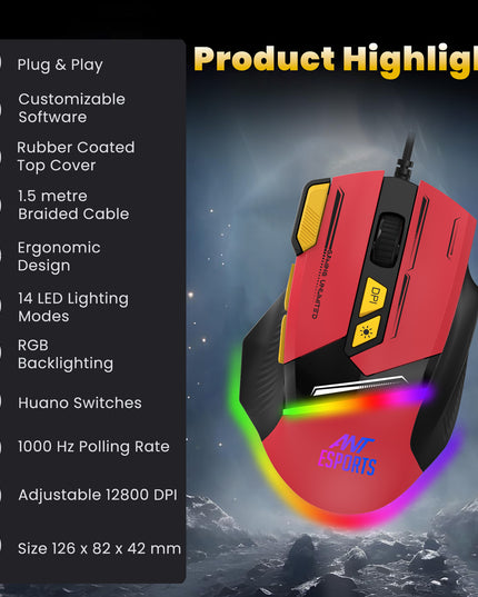 ANT ESPORTS GM333 RGB WIRED HIGH END OPTICAL ERGONOMIC GAMING MOUSE BLUE/WHITE/YELLOW