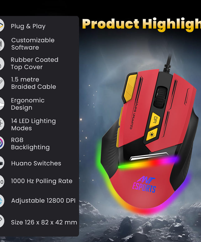 ANT ESPORTS GM333 RGB WIRED HIGH END OPTICAL ERGONOMIC GAMING MOUSE BLUE/WHITE/YELLOW