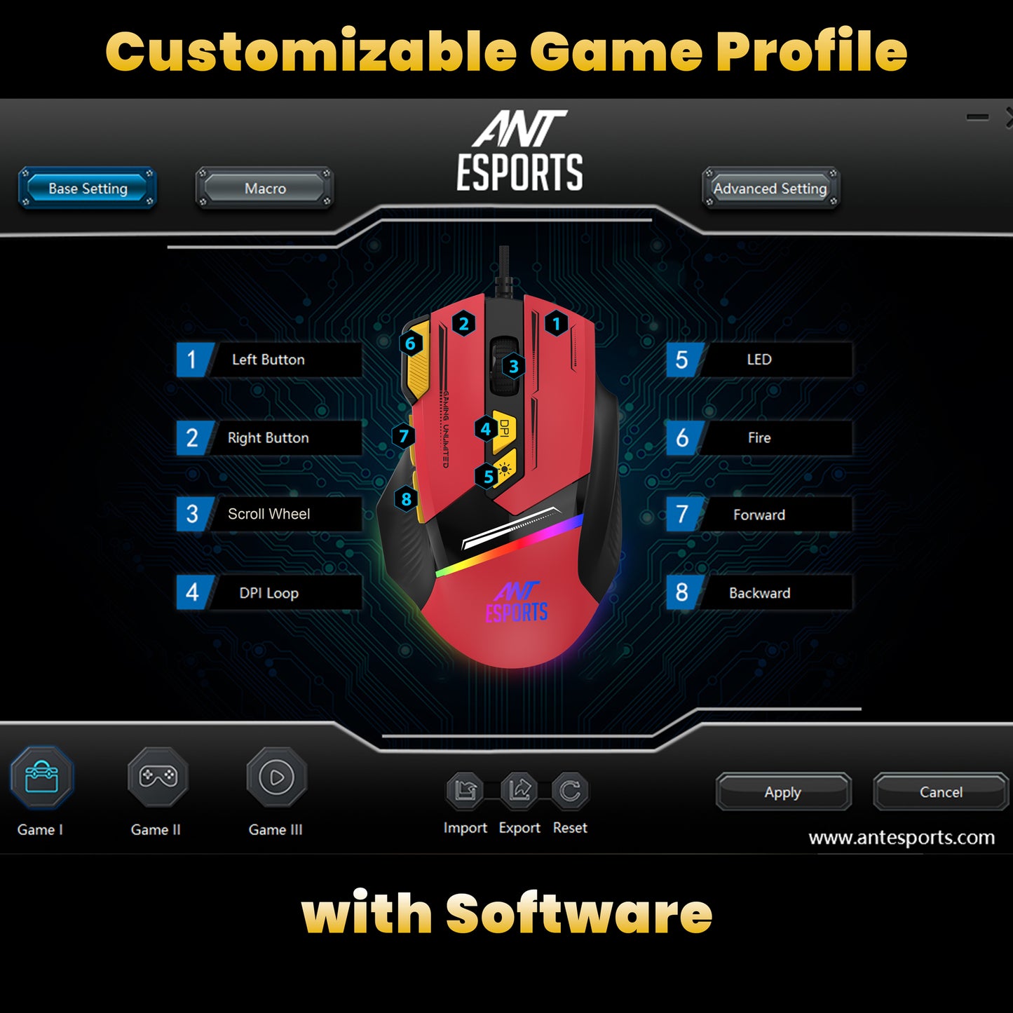 ANT ESPORTS GM333 RGB WIRED HIGH END OPTICAL ERGONOMIC GAMING MOUSE BLUE/WHITE/YELLOW