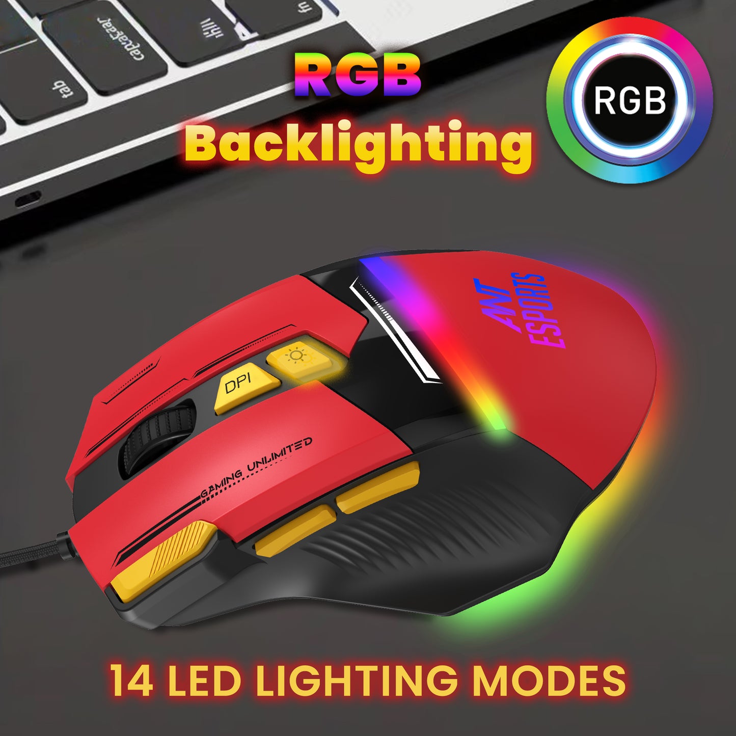 ANT ESPORTS GM333 RGB WIRED HIGH END OPTICAL ERGONOMIC GAMING MOUSE BLUE/WHITE/YELLOW