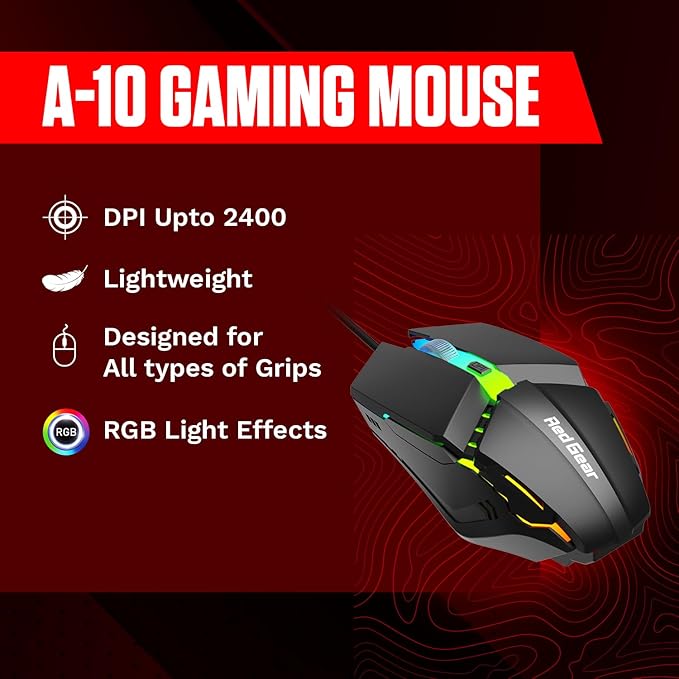 Redgear A-10 Wired Gaming Mouse with RGB LED, Lightweight and Durable Design, DPI Upto 2400, Compatible with Windows.