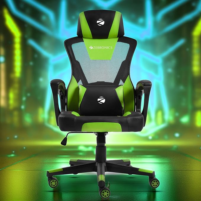 ZEBRONICS GC1400 Gaming Chair with 360° Swivels & Casters, 90°-125° Backrest Angle, Heavy Duty Base & Frame, Class 3 Gas Lift, Spacious Seat, Neck/Head Cushion (Green)