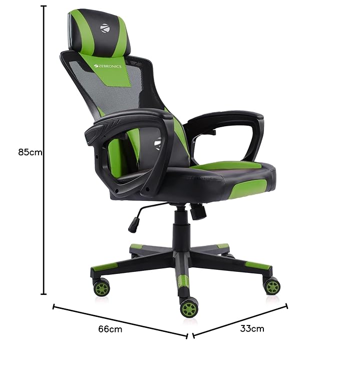 ZEBRONICS GC1400 Gaming Chair with 360° Swivels & Casters, 90°-125° Backrest Angle, Heavy Duty Base & Frame, Class 3 Gas Lift, Spacious Seat, Neck/Head Cushion (Green)