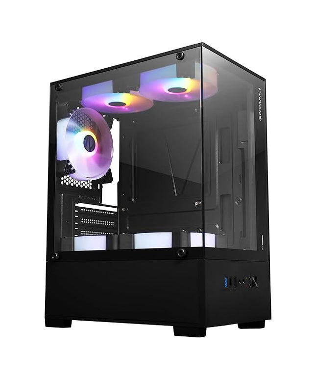 ZEBRONICS ICEBERG Premium Gaming Chassis with support for mATX | Mini ITX, Wraparound Tempered Glass, 120mm Multicolor LED Ring Fans, Top Magnetic Dust Filter, 5 Fans Included (Black)