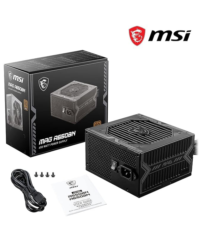 MSI MAG A650BN Power Supply Unit - 650W, 80 Plus Bronze Certified, 12V Single-Rail, DC-to-DC Circuit, 120mm Fan, Active PFC Design, Multiple Connectivity, for Gaming PC, 5-Year Warranty