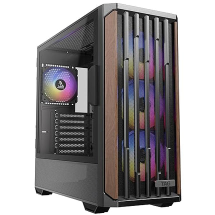 TAG Gamerz Stellar Alpha Mid Tower Computer Case/Gaming PC Cabinet, Mesh Front With Walnut Wood Accent, 4x 120mm Pre-Installed ARGB Fans, Supports ATX, M-ATX, ITX, 360mm Radiator, Thick Tempered Glass