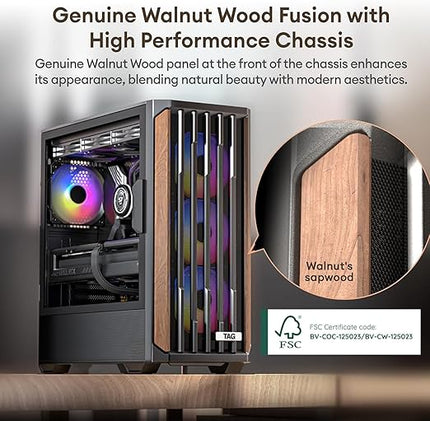 TAG Gamerz Stellar Alpha Mid Tower Computer Case/Gaming PC Cabinet, Mesh Front With Walnut Wood Accent, 4x 120mm Pre-Installed ARGB Fans, Supports ATX, M-ATX, ITX, 360mm Radiator, Thick Tempered Glass