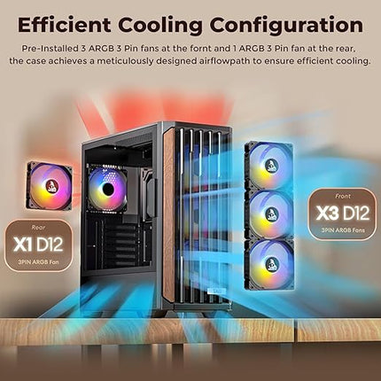 TAG Gamerz Stellar Alpha Mid Tower Computer Case/Gaming PC Cabinet, Mesh Front With Walnut Wood Accent, 4x 120mm Pre-Installed ARGB Fans, Supports ATX, M-ATX, ITX, 360mm Radiator, Thick Tempered Glass